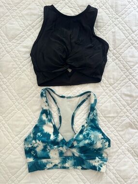 Two Sports Bras - Teal Tie-Dye with Knot Front and Black with Knot Front